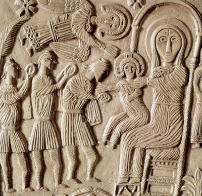 Archeologia średniowiecza (średniowiecze). Sztuka barbarzyńska Lombardii: adoracja Trzech Króli, płaskorzeźba ołtarza księcia Rachisa. Rzeźba, sztuka Lombardzka, 737-744. Cividale del Friuli, Muzeum Chretien, skarb katedry autorstwa Lombard School