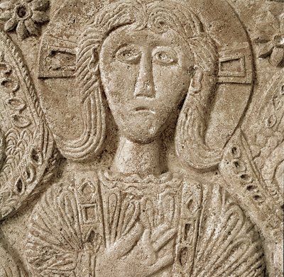 Archeologia średniowiecza (średniowiecze). Sztuka barbarzyńska Lombardii: detal Chrystusa, płaskorzeźba ołtarza księcia Rachisa. Rzeźba, sztuka Lombardzka, 737-744. Cividale del Friuli, Muzeum Chretien, skarb katedry autorstwa Lombard School