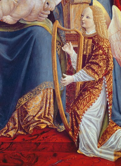 Madonna and Child with Angel Musicians, fragment Anioła grającego na harfie, ok. 1490-1500 (tempera na panelu) autorstwa Lombard School