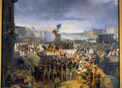 Gwardia Narodowa Paryża, zgromadzona na Pont Neuf, wyjechała do wojska we wrześniu 1792 r. Obraz Leona Cognieta (1794-1880) autorstwa Léon Cogniet
