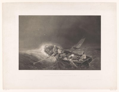 Vissers w een roeiboot op zee Gezichten Marine (tytuł serii) Obrazy marynarki wojennej. Litografowany w mezzotincie przez L. Sabatiera wg Eug. Isabey (tytuł serii na obiekcie) autorstwa Léon Jean Baptiste Sabatier