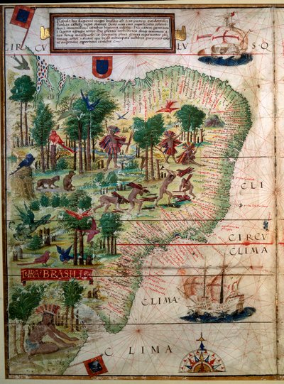 Mapa hydrograficzna Brazylii. Rękopis uzupełniony „Portugalski atlas morski” autorstwa kartografa Loppo Homema 1519 Paryż. B.N. autorstwa Lopo Homem