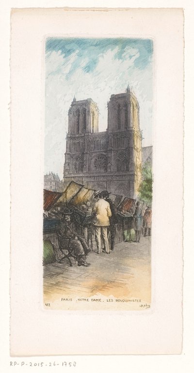 Widok katedry Notre-Dame w Paryżu z księgarzami na pierwszym planie Paris Notre Dame les bouquinistes (tytuł na obiekcie) autorstwa Léopold Robin