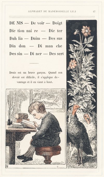 Denis, Obowiązek, Palec, Słownik, Dicter, Dalia, Zamsz, Top, Indyk, Niedziela, Rysunek, Obiad, Deser, strona 17 - Alfabet autorstwa Mademoiselle Lili, L. Froelicha i taty (samego Hetzela). Bibliotheque  Magasin d