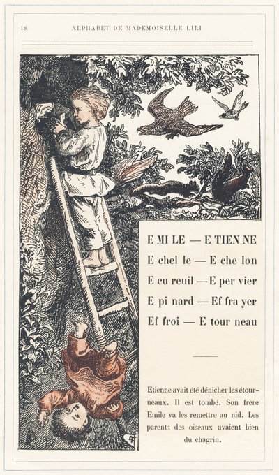 Emile, Etienne, Echelle, Echelon, Squirrel, Sparrow, Epinard, Scarer, Farry, Stourneau, strona 18 - Alfabet autorstwa Mademoiselle Lili, L. Froelicha i taty (samego Hetzela). Bibliotheque  Magasin d