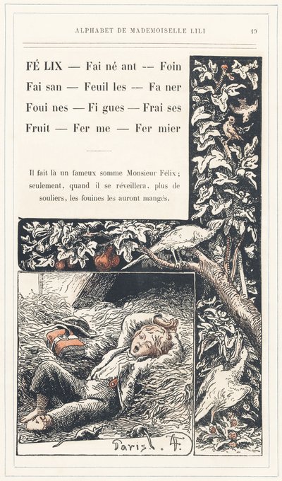 Felix, Lay, Hay, Pheasant, Leaves, Faner, Weasels, Figs, Strawberries, Fruit, Farm, Farmer, strona 19 - Alphabet by Mademoiselle Lili, by L. Froelich and by a father (Hetzel himself). Bibliotheque  Magasin d