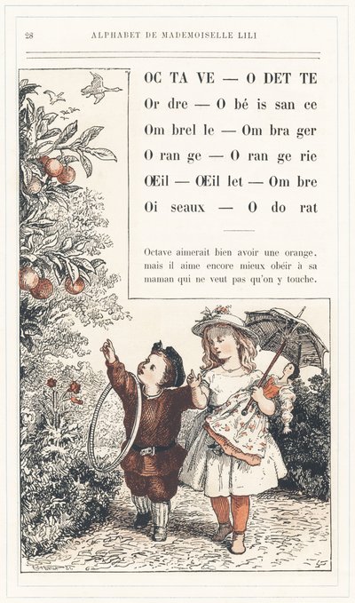 Octave, Odette, Order, Obedience, Umbrella, Shadow, Orange, Orangerie, Eye, Carnation, Shadow, Birds, Smell, strona 28 - Alfabet Mademoiselle Lili, autorstwa L. Froelicha i taty (samego Hetzela). Bibliotheque  Magasin d