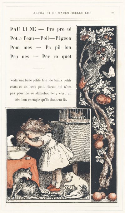 Pauline, Clean, Water Pot, Hair, Pigeon, Apples, Butterfly, Plums, Parrot, strona 29 - Alphabet by Mademoiselle Lili, by L. Froelich and by a dad (Hetzel himself). Bibliotheque  Magasin d