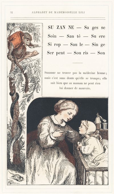 Suzanne, Mądrość, Opieka, Zdrowie, Cukier, Syrop, Wierzba, Małpa, Wąż, Mysz, Dźwięk, strona 32 - Alfabet autorstwa Mademoiselle Lili, L. Froelicha i taty (samego Hetzela). Bibliotheque  Magasin d