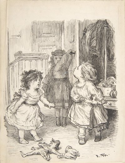 Trzy małe dziewczynki w pokoju kłócą się i plują, 1835-1903. autorstwa Lorenz Frølich