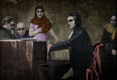 Ludwig van Beethoven gra Sonatę Moonlight - rycina wg Lorenza Vogla - Ludwig van Beethoven (1770-1827), niemiecki muzyk grający sonatę UT-moll (Moonlight - Moonlight) według obrazu Lorenza Vogla (1846-1902) autorstwa Lorenz Vogel