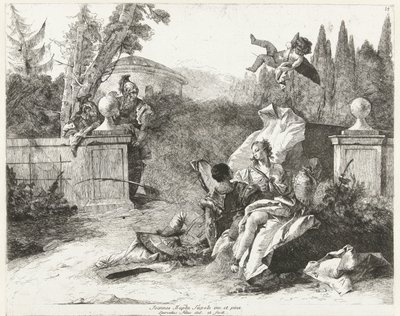 Rinaldo i Armida są szpiegowani przez Ubaldo i Carlo autorstwa Lorenzo Baldissera Tiepolo