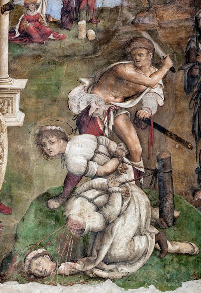 Życie św. Cecylii: Męczeństwo św. Waleriana i Tyburcjusza, fragment (fresk) autorstwa Lorenzo Costa