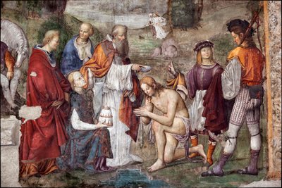Życie św. Cecylii: Walerian ochrzczony przez papieża Urbana I, fragment (fresk) autorstwa Lorenzo Costa