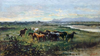 Dzikie konie, ok. 1870, autor: Lorenzo Gelati (1824-1893), olej na płótnie przeniesiony na panel, 21x37 cm autorstwa Lorenzo Gelati