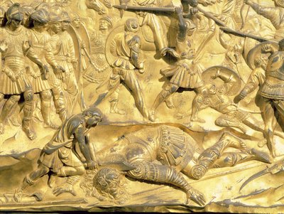 Dawid i Goliat, detal z oryginalnego panelu z wschodnich drzwi baptysterium, 1425-52 (brąz pozłacany) (po renowacji) autorstwa Lorenzo Ghiberti