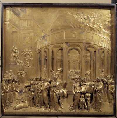 Historia życia Józefa. Zbiór pszenicy: chłopi przynoszą worki zboża. Oryginalny znak Bramy Niebios autorstwa Lorenzo Ghiberti