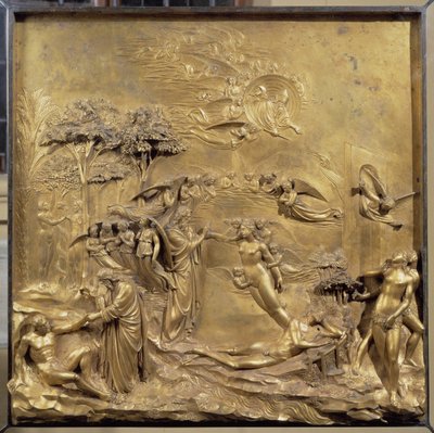Historia życia Adama: narodziny Adama, stworzenie Ewy i Adama i Ewa poluje z Raju. Oryginalny panel drzwi Raju autorstwa Lorenzo Ghiberti