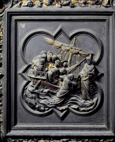 Jezus chodzi po wodzie i ratuje Piotra, ósmy panel drzwi północnych baptysterium San Giovanni, 1403-24 (brąz) autorstwa Lorenzo Ghiberti