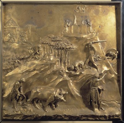 Życie Kaina i Abla: ofiara, zabójstwo Abla i wygnanie Kaina przez Boga. Oryginalny panel drzwi Paradise autorstwa Lorenzo Ghiberti