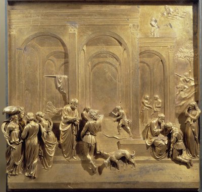 Życie Jakuba i Ezawa: Ezaw sprzedaje swoje pierworództwo, a Izaak błogosławi Jakuba. Oryginalny panel drzwi Paradise autorstwa Lorenzo Ghiberti
