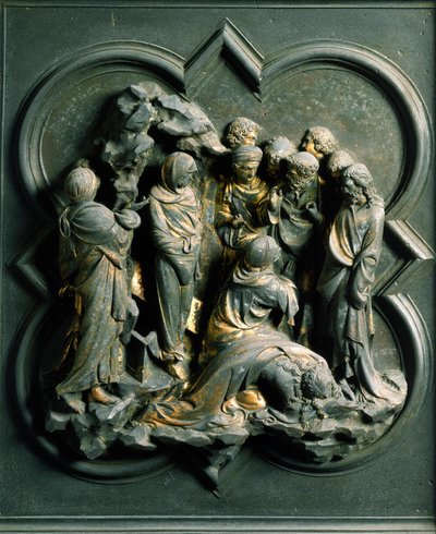 Porta Północna (zwana Bramą Krzyżową, od północy), detal zewnętrzny: „”Zmartwychwstanie Łazarza””” Rzeźba z brązu wykonana przez Lorenzo Ghiberti (1378-1455) autorstwa Lorenzo Ghiberti