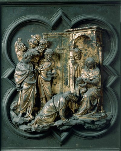 Porta Północna (zwana Bramą Krzyżową od strony północnej), detal zewnętrzny: Pokłon Trzech Króli. Rzeźba z brązu wykonana przez Lorenzo Ghiberti (1378-1455) autorstwa Lorenzo Ghiberti