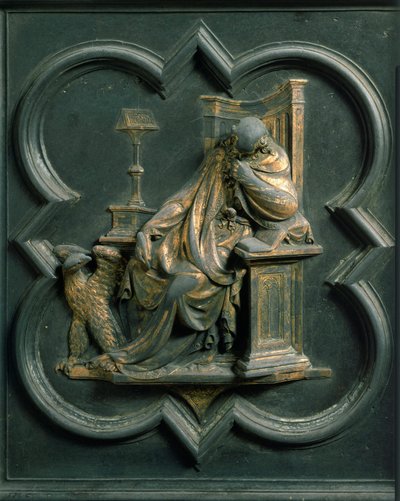 Porta Północna (zwana Bramą Krzyżową, od strony północnej), detal zewnętrzny: Św. Jan Ewangelista. Rzeźba z brązu wykonana przez Lorenzo Ghiberti (1378-1455) autorstwa Lorenzo Ghiberti