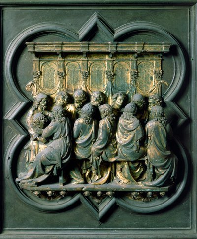 Porte Północnej (zwanej Porte de la Croix, na północy), detal zewnętrzny: „”la Cene”” Rzeźba z brązu wykonana przez Lorenzo Ghiberti (1378-1455) autorstwa Lorenzo Ghiberti