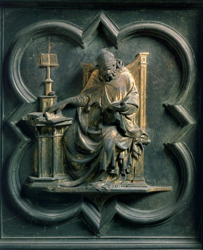 North Porte (zwana Porte de la Croix, północ), detal zewnętrzny: Saint Ambrose. Rzeźba z brązu wykonana przez Lorenzo Ghiberti (1378-1455) autorstwa Lorenzo Ghiberti