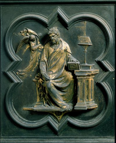 Porte Północnej (zwanej Porte de la Croix, na północy), detal zewnętrzny: Saint Mathieu. Rzeźba z brązu wykonana przez Lorenzo Ghiberti (1378-1455) autorstwa Lorenzo Ghiberti