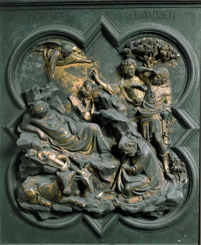 North Porte (na północy zwana Porte de la Croix), detal zewnętrzny: Nativite. Rzeźba z brązu wykonana przez Lorenzo Ghiberti (1378-1455) autorstwa Lorenzo Ghiberti
