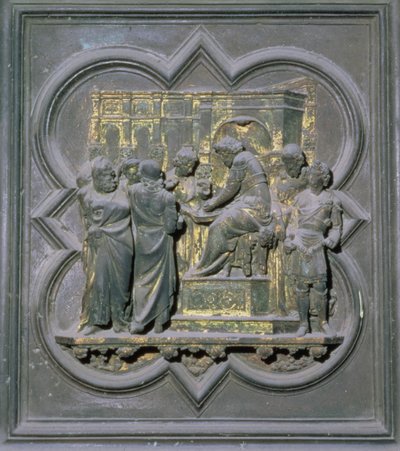 Poncjusz Piłat myjący ręce przed Chrystusem, szesnasty panel drzwi północnych baptysterium San Giovanni, 1403-24 (brąz) autorstwa Lorenzo Ghiberti