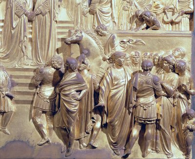 Spotkanie króla Salomona i królowej Saby, szczegół uczestników, z oryginalnego panelu ze wschodnich drzwi baptysterium, 1425-52 odrestaurowanie pozłacanego brązu autorstwa Lorenzo Ghiberti