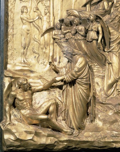 Historia Adama, detal Stworzenia Adama i Kuszenia Adama i Ewy, z jednego z oryginalnych paneli ze wschodnich drzwi Baptysterium, 1425-52, złocona brązowa rekonstrukcja słupów. autorstwa Lorenzo Ghiberti