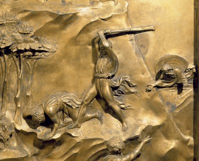 Opowieść o Kainie i Ablu, detal przedstawiający zabicie Abla, oryginalny panel ze wschodnich drzwi baptysterium, 1425-52, złocona konserwacja z brązu autorstwa Lorenzo Ghiberti