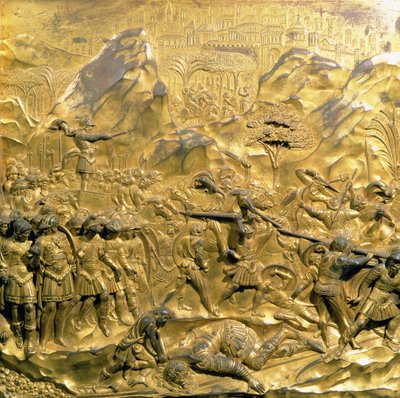 Historia Dawida i Goliata, oryginalny panel ze wschodnich drzwi baptysterium, 1425-52 (brąz pozłacany) (po renowacji) autorstwa Lorenzo Ghiberti