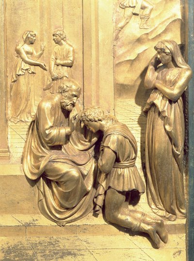 Opowieść o Jakubie i Ezawie, detal Izaaka błogosławiącego Jakuba, z oryginalnego panelu ze wschodnich drzwi baptysterium, 1425-52, złocona konserwacja z brązu autorstwa Lorenzo Ghiberti