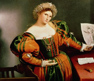 Dama z rysunkiem Lukrecji, ok. 1530-33 (olej na płótnie przeniesiony z drewna) autorstwa Lorenzo Lotto