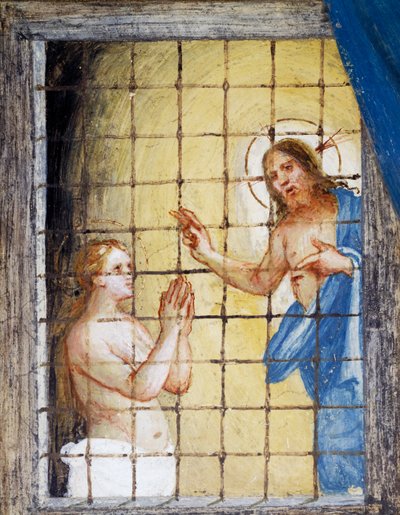 Chrystus odwiedzający św. Barbarę w więzieniu i uzdrawiający ją, fragment z Opowieści św. Barbary autorstwa Lorenzo Lotto