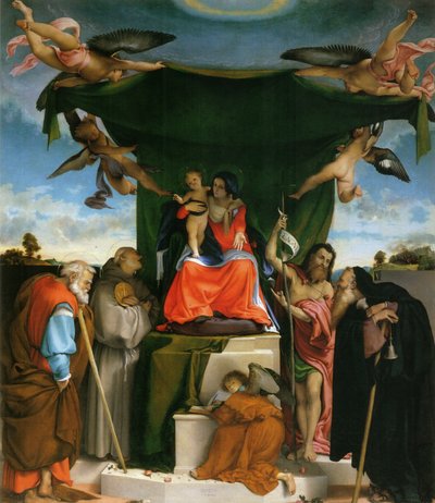 Niemiecki: Tronująca Madonna, Engel und Heilige Madonna na tronie z dzieckiem, aniołami i świętymi autorstwa Lorenzo Lotto