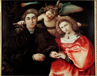 Mistrz Marsilio (Marsilio Cassotti) i jego żona (Faustyna) Olej na desce autorstwa Lorenzo Lotto (ok. 1480-1556) 1523 wym. 71x84 cm Madryt, Musee du Prado- Portrety Marsilio Cassottiego i jego żony Faustyny. Obraz Lorenzo Lotto (1480-1556). Olej na drewnie autorstwa Lorenzo Lotto
