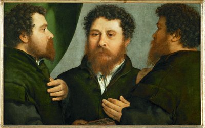Portret złotnika w trzech odsłonach (obraz na płótnie) autorstwa Lorenzo Lotto