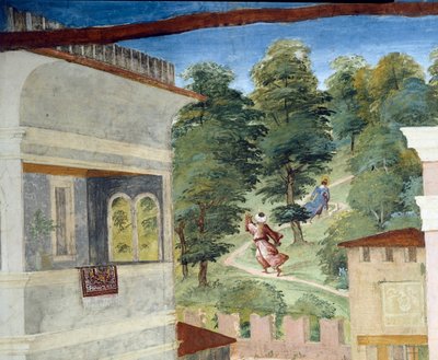 Św. Barbara ścigana przez las, Chrystus-Winorośl i Legenda o Świętej Barbarze autorstwa Lorenzo Lotto (ok. 1480 - 1556), fresk, detal Villa Suardi, Kaplica Suardi, Trescore Balneario, Włochy autorstwa Lorenzo Lotto