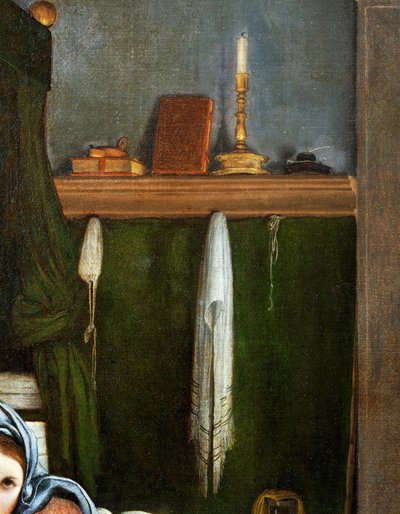 Półka z kandelabrami i książkami, detal z obrazu Zwiastowanie, ok. 1434, autor Lorenzo Lotto (1480-1556), olej na płótnie autorstwa Lorenzo Lotto