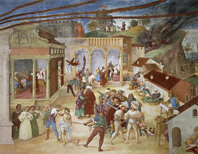 Św. Barbara prowadzona ulicami miasta, fragment z Christ-Vine i Legenda o św. Barbarze autorstwa Lorenzo Lotto (ok. 1480 - 1556), fresk, fragment, Villa Suardi, Capella Suardi, Trescore Balneario autorstwa Lorenzo Lotto
