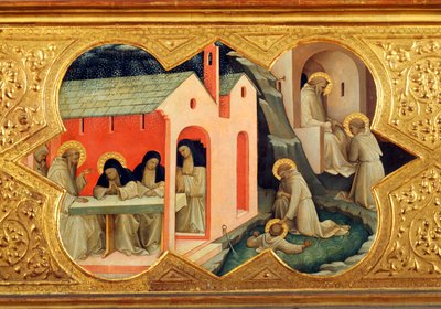 Historia św. Bernardyna i św. Benedykta, fragment predelli Koronacji Marii Panny autorstwa Lorenzo Monaco