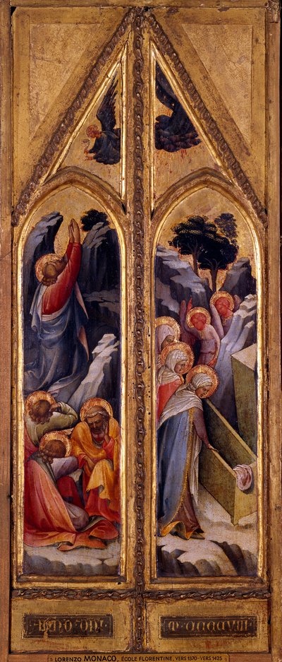 Jezus na Górze Oliwnej i święte niewiasty przy Grobie Dyptyku Lorenzo Monaco (1365/70-1425). Wymiary: 0,66 x 0,26 m. Paryż, Musee du Louvre autorstwa Lorenzo Monaco