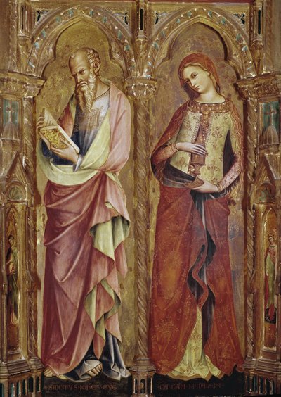 Św. Jan Ewangelista i Św. Maria Magdalena - Fragment poliptyku Zwiastowania (1357, tempera i złoty płatek na desce) autorstwa Lorenzo Veneziano