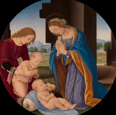 Madonna adorująca Dzieciątko z Dzieciątkiem Św. Jan Chrzciciel i Anioł, początek lat 90. XIV wieku. autorstwa Lorenzo di Credi